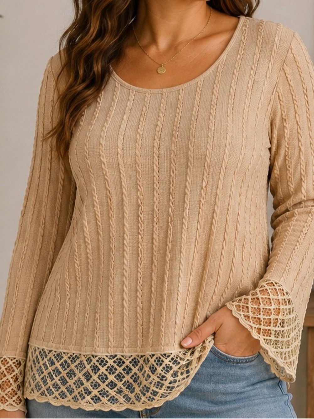 Yak & Yeti Cream Cable-Knit Scoop Neck Sweater with Lace Hem